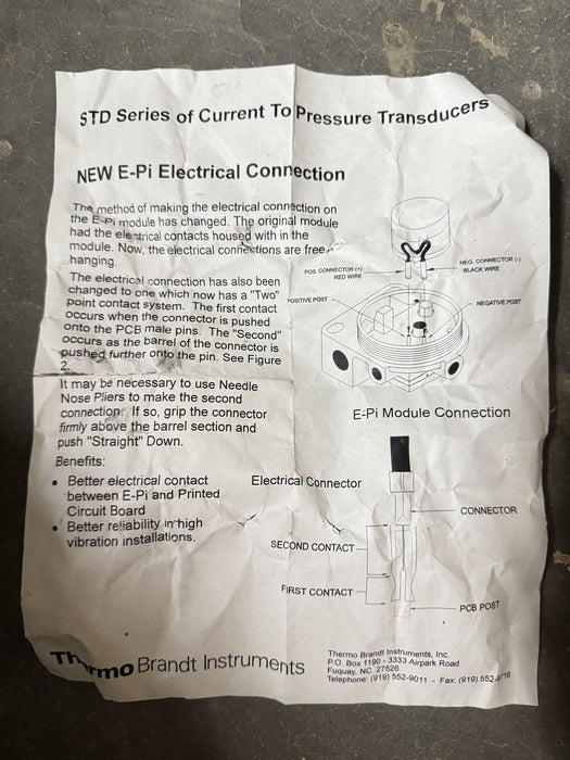 BRANDT STD5000 / STD6000 E-Pi REPLACEMENT CURRENT TO PRESSURE TRANSDUCER