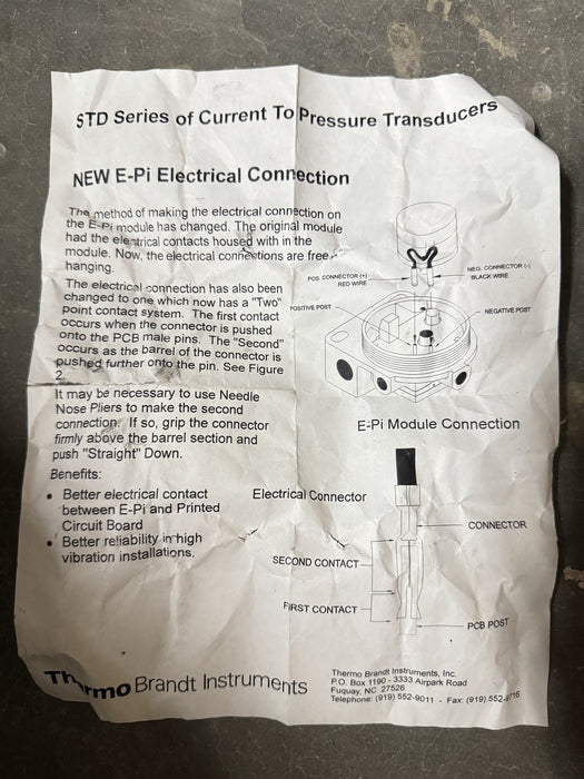 BRANDT STD5000 / STD6000 E-Pi REPLACEMENT CURRENT TO PRESSURE TRANSDUCER