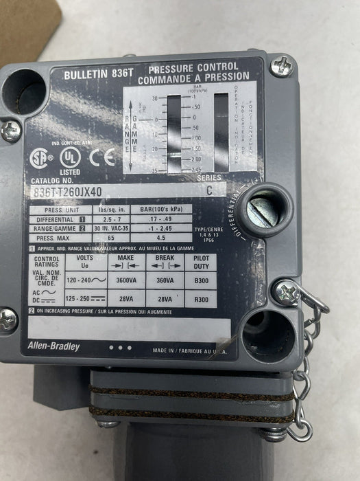 NEW ALLEN BRADLEY 836T-T260JX40 836T PRESSURE CONTROL SWITCH VACUUM 185680