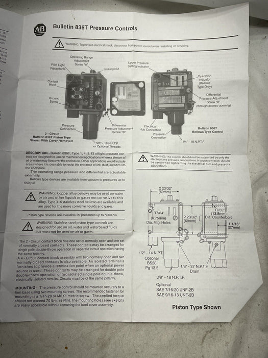 NEW ALLEN BRADLEY 836T-T260JX40 836T PRESSURE CONTROL SWITCH VACUUM 185680