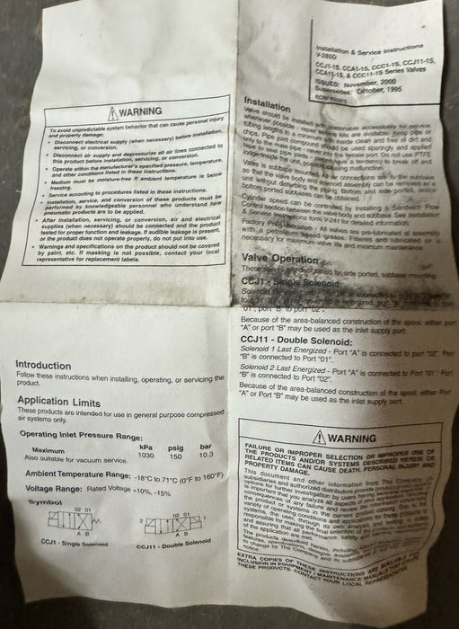 CCJ125B01 PARKER SCHRADER BELLOW SOLENOID VALVE 1/4"NPT 120VAC VAC-150 PNEUMATIC