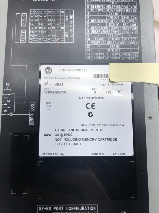 1785-L80C15 Allen Bradley 1785L80C15 CPU Module Ser D FW K CONTROLNET PLC-5