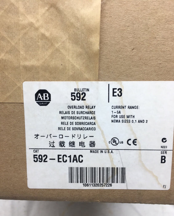 New Allen-Bradley 592-EC1AC E3 Overload Relay NIB 1-5A Nema sizes 0, 1, and 2