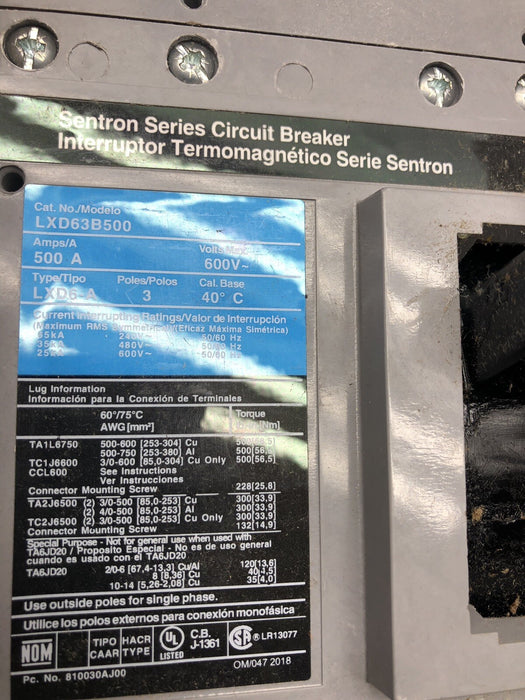 NEW LXD63B500 SIEMENS MCCB 500 AMP CIRCUIT BREAKER LXD63-A SENTRON NIB FRAME: LD