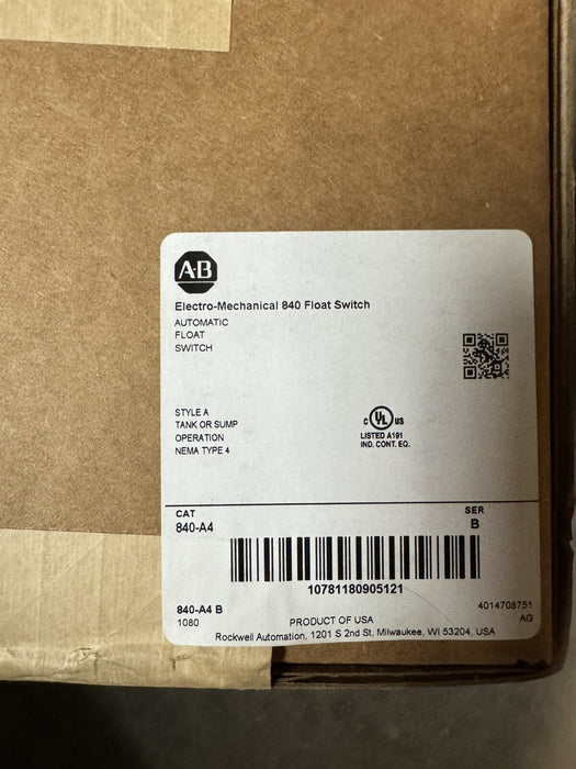 840-A4 2025 ALLEN BRADLEY FLOAT SWITCH NEW SEALED SUMP LEVEL CONTROLLER 840A4