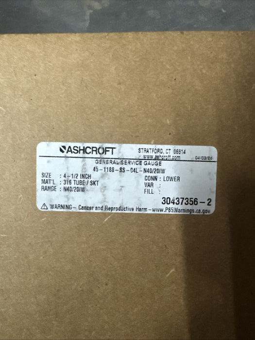 45-1188-SS-04L-N40/20IW ASHCROFT 1188 LOW PRESSURE BELLOWS GAUGE -40 TO 20 INH2O