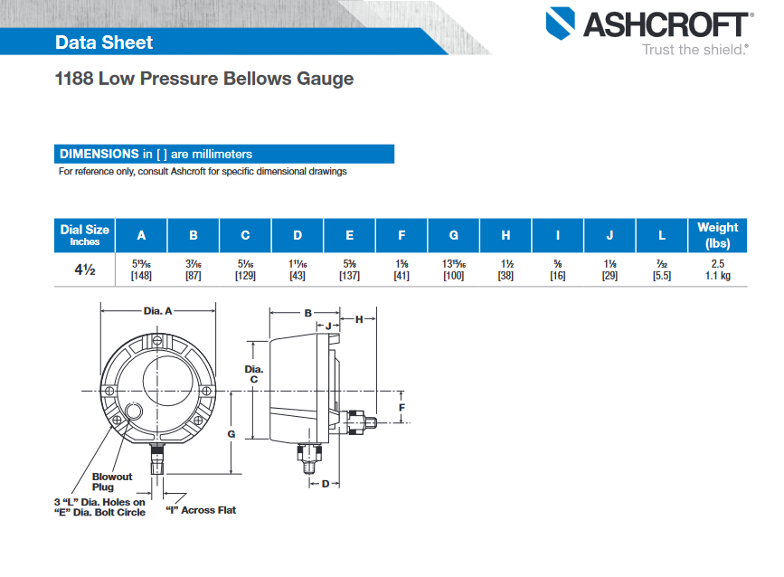 45-1188-SS-04L-N40/20IW ASHCROFT 1188 LOW PRESSURE BELLOWS GAUGE -40 TO 20 INH2O