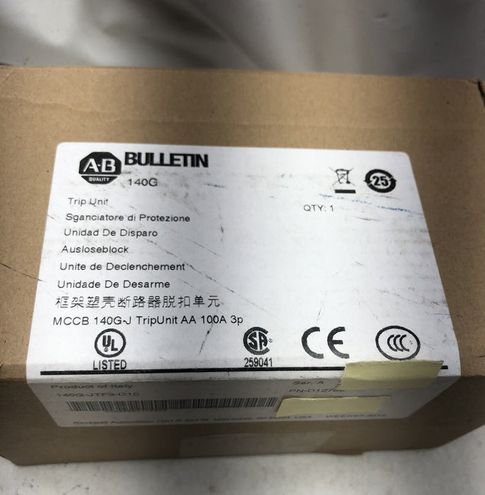 NEW 2019 SEALED 140G-JTF3-D10 TRIP UNIT AA 100 AMP 3 POLE MCCB 140G-J PN-D12785