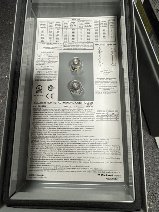 NEW  609-BJX SEALED ALLEN-BRADLEY 1 PHASE AC MANUAL STARTER NEMA TYPE 12