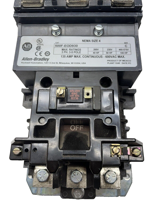 NEW 500F-EOD930 135 AMP FEED THRU DOL MOTOR STARTER / CONTACTOR NEMA SIZE 4 500F