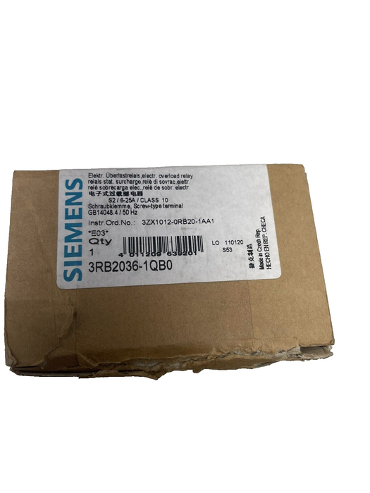 NEW SIEMENS 3RB2036-1QB0 INT ORD.NO 3ZX1012-0RB20-1AA1 ADJ OVERLOAD RELAY NIB