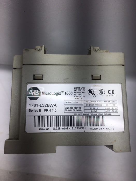 ALLEN BRADLEY MICROLOGIX 1000 1761-L32BWA 120 VAC PLC CONTROLLER DC INPUTS