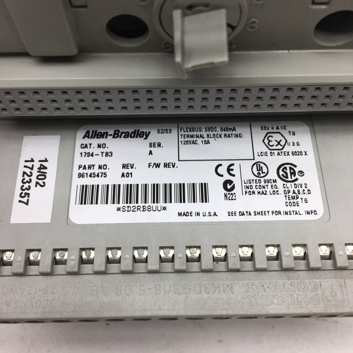 ALLEN BRADLEY 1794-IB16 24VDC SINK INPUT MODULE AND 1794 TB3 TERMINAL BASE