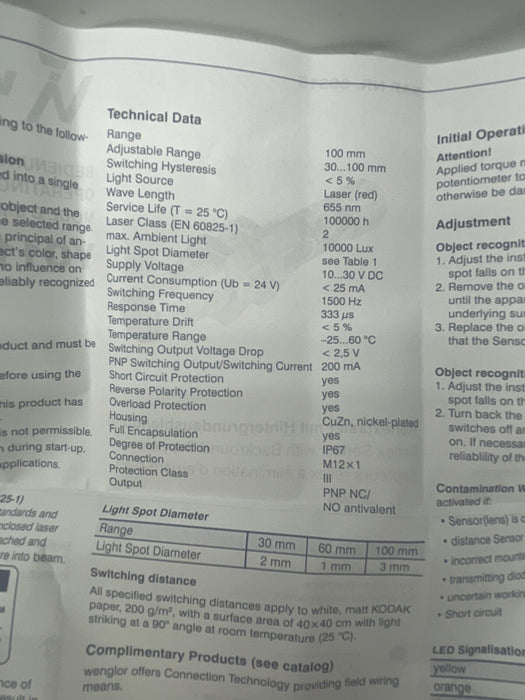 NEW WENGLOR YO11PA3 REFLEX SENSOR LASER DISTANCE SENSOR