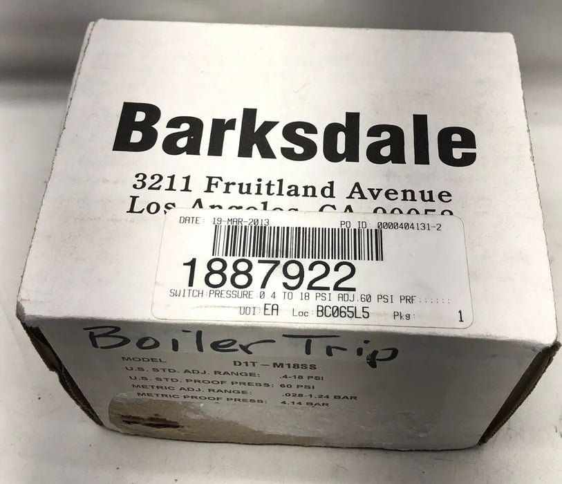 NEW BARKSDALE D1T-M18SS VACUUM / PRESSURE SWITCH NIB