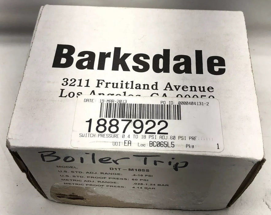 NEW BARKSDALE D1T-M18SS VACUUM / PRESSURE SWITCH NIB