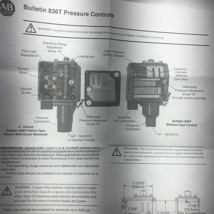 NEW 836T 2017 ALLEN BRADLEY 836T-T253JX119 BULLETIN PRESSURE CONTROL SWITCH NIB