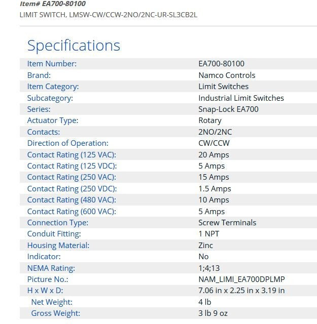 EA700 NEW NAMCO LIMIT SWITCH 4 N.O  CONTACT CW/CCW SNAP-LOCK EA700-80100