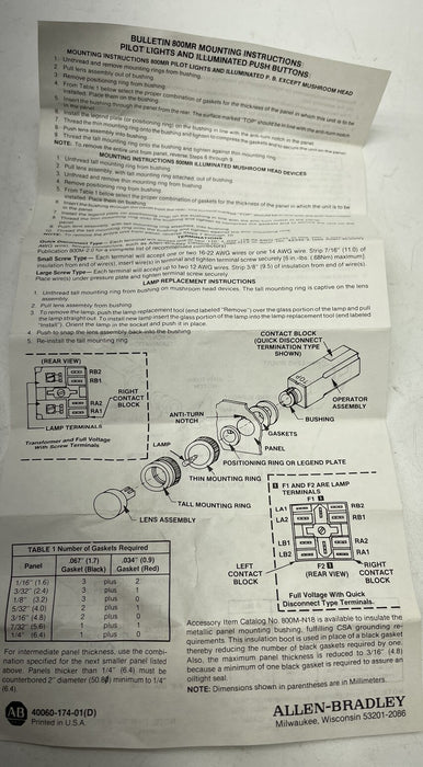 New In Box Allen Bradley 800MR-P16R SER D PILOT LIGHT SMALL RED CAP 120VAC XFMER