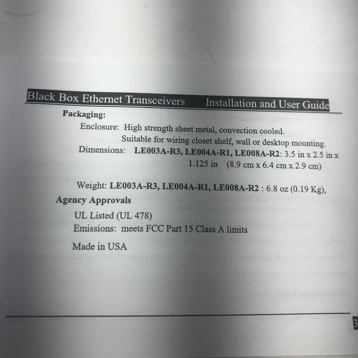 NEW BLACK BOX LE008A-R2 ETHERNET TRANSCEIVER