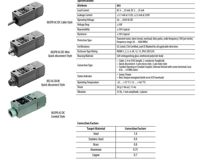 NEW 802PR-LBAK1 /E ALLEN BRADLEY Proximity Switch Mini QD AC/DC TOP SENSING