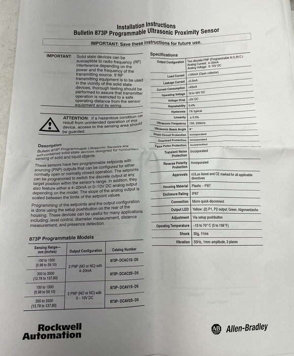 NEW ALLEN BRADLEY 873P-DCAC2S-D5 ULTRASONIC PROXIMITY SENSOR PNP X 2 19-30VDC