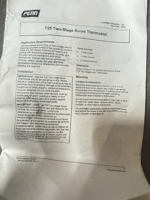 NEW PENN T25A-1C  THERMOSTAT 2 STAGE ROOM THERMOSTAT 40-90 DEG F