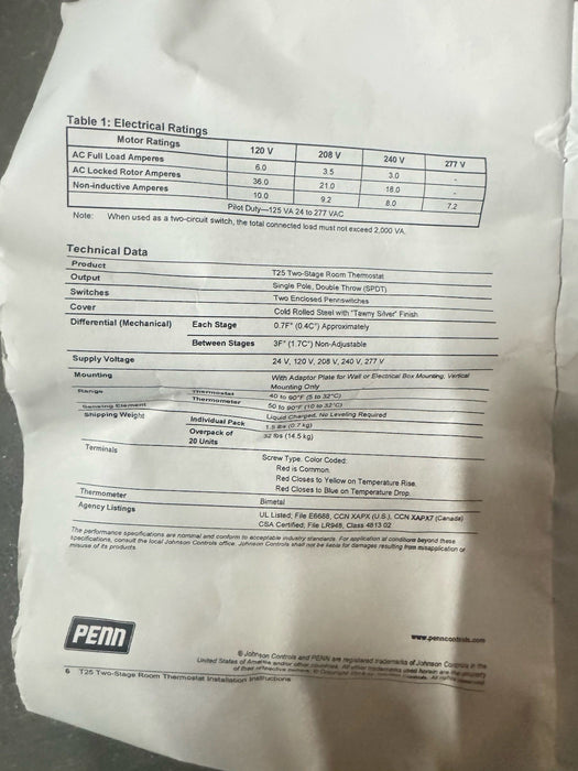 NEW PENN T25A-1C  THERMOSTAT 2 STAGE ROOM THERMOSTAT 40-90 DEG F
