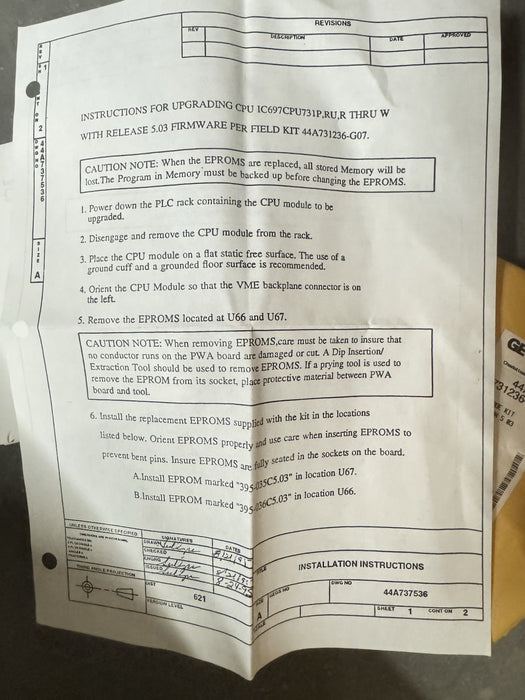 GE FANUC  HONEYWELL CPU731 UPGRADE KIT EPROM FIRMWARE KIT CHIPS 44A 731236-G07