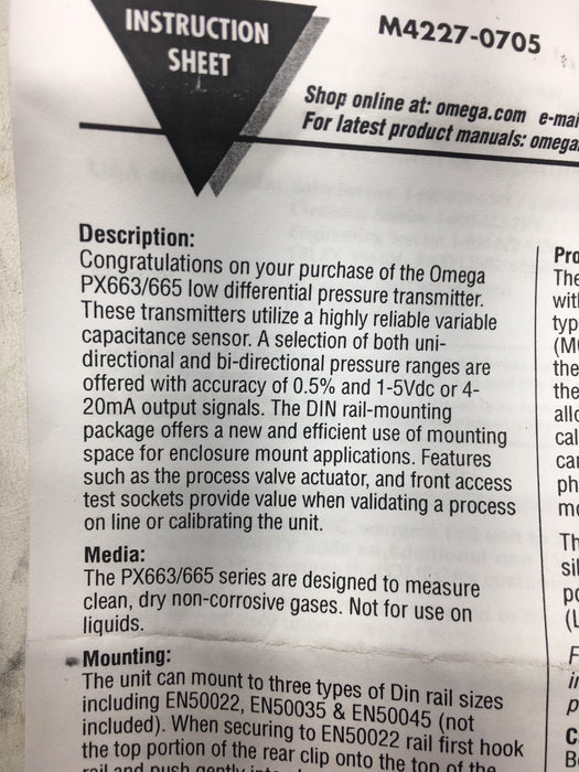 NEW OMEGA PX665-25BDI 4-20ma OUTPUT -25 /+25 INH2O DIFF PRESSURE TRANSMITTER NIB