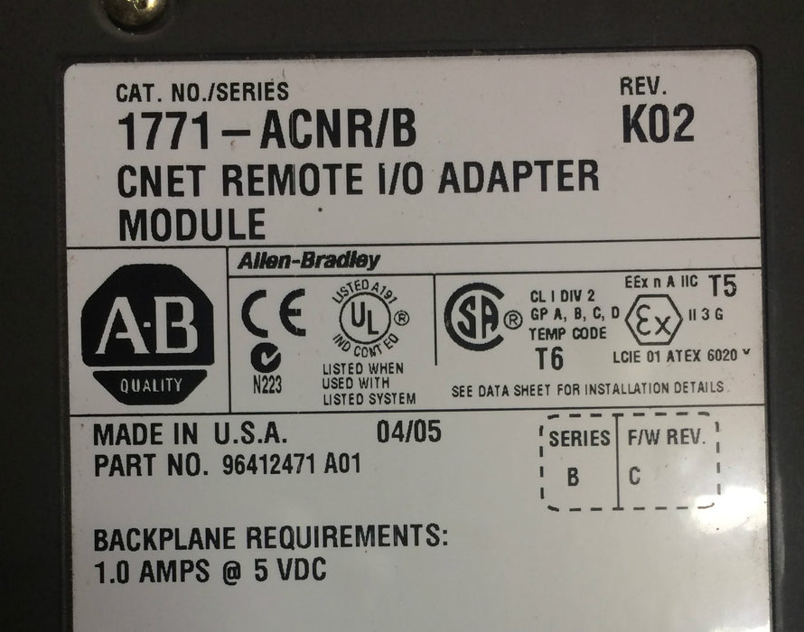 1771-ACNR /B Allen Bradley PLC 5 CNET Remote I/O Adapter 1771ACNR