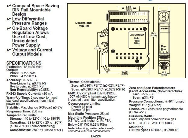 NEW OMEGA PX665-50DI 4-20ma OUTPUT 0 - 50 INH2O DIFF PRESSURE DX5FO142ST50IW-XPV