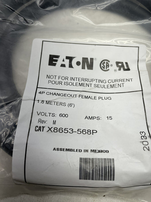 BRAND NEW FACTORY SEALED X8653-568P EATON 4P CHANGEOUT FEMALE PLUG 1.8 METER