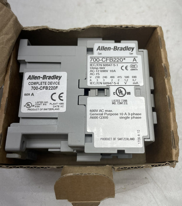 NEW ALLEN BRADLEY 700-CFB220F CONTROL RELAY 2 N.O + 2 N.C AUX CONT 220 VAC COIL