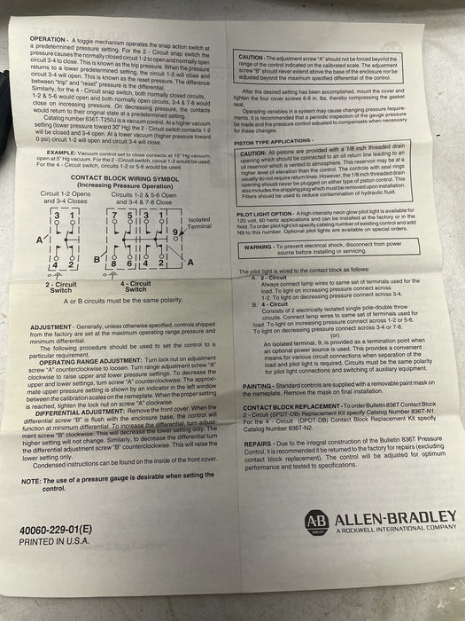 NEW 836T-T260JX40 SER B ALLEN BRADLEY 185680 836T PRESSURE CONTROL SWITCH VACUUM