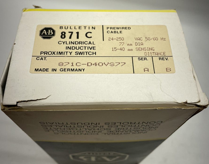 NEW 871C-D40VS77 CYLINDRICAL INDUCTIVE PROX SWITCH 24-250 VAC 15-40mm SENSING