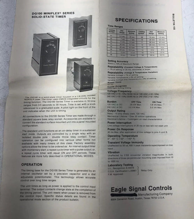 NEW EAGLE SIGNAL DG104A3 120V AC/DC 3-30 SEC TIMER MODULE DANAHER DG100 MINIFLEX