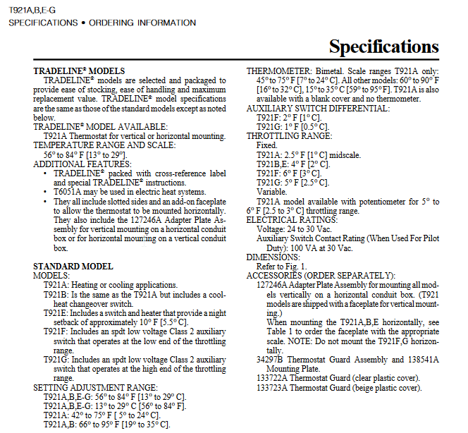 HONEYWELL THERMOSTAT T921G 1005 30VAC 135 OHM POT 56-84F THROTTLING T921G1005
