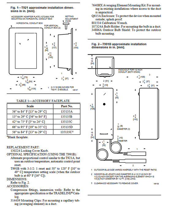 HONEYWELL THERMOSTAT T921G 1005 30VAC 135 OHM POT 56-84F THROTTLING T921G1005