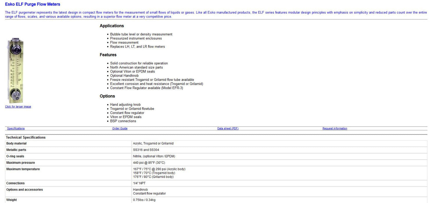 NEW ESKO ELF-TF7-H PURGE FLOW METER 10-100% 4 USGPH 1/4" NPT ADJUSTMENT KNOB