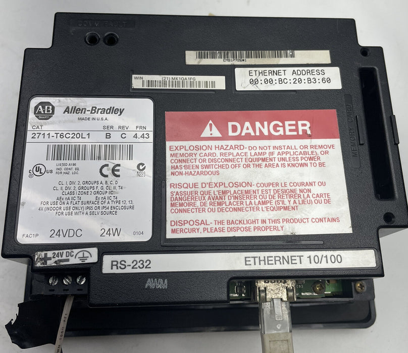 2711-T6C20L1 ALLEN BRADLEY PANELVIEW 600 STANDARD  ETHERNET HMI 2711-T6 PV600 AB