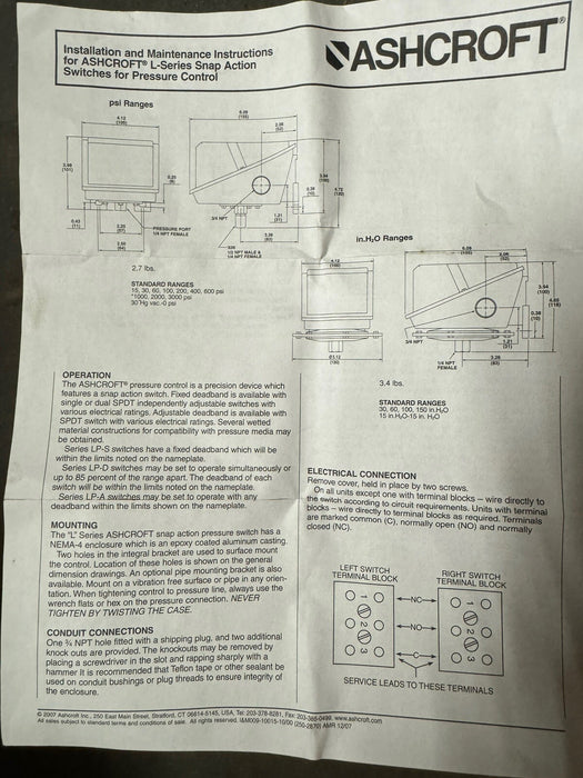 NEW ASHCROFT LPDN4KKT07 XK3 PRESSURE SWITCH RANGE400 PSI 15 AMP 125/250 VAC