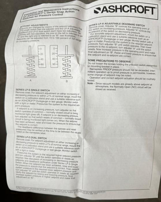 NEW ASHCROFT LPDN4KKT07 XK3 PRESSURE SWITCH RANGE400 PSI 15 AMP 125/250 VAC