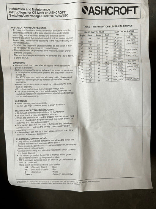 NEW ASHCROFT LPDN4KKT07 XK3 PRESSURE SWITCH RANGE400 PSI 15 AMP 125/250 VAC