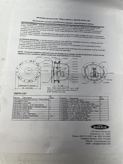 NEW LAA10NLCV BIN-DICATOR DIAPHRAGM LEVEL SWITCH LIGHT NEOPRENE 10NLCV MODEL A