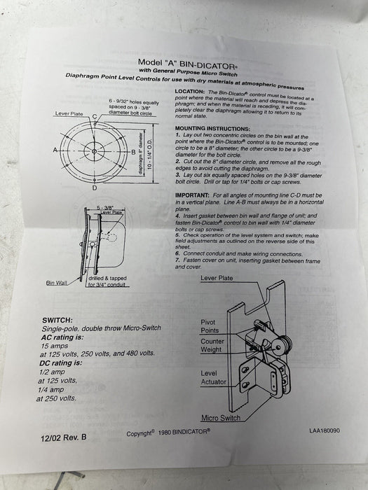 NEW LAA10NLCV BIN-DICATOR DIAPHRAGM LEVEL SWITCH LIGHT NEOPRENE 10NLCV MODEL A