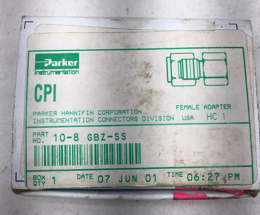 NEW BOX OF 1 PARKER 10-8 GBZ-SS CPI FEMALE PIPE ADAPTER 5/8" TUBE X 1/2" NPT