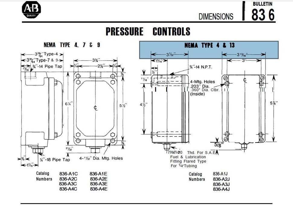 NEW 836-A1J FACTORY SEALED ALLEN-BRADLEY PRESSURE CONTROL SWITCH 836A1J