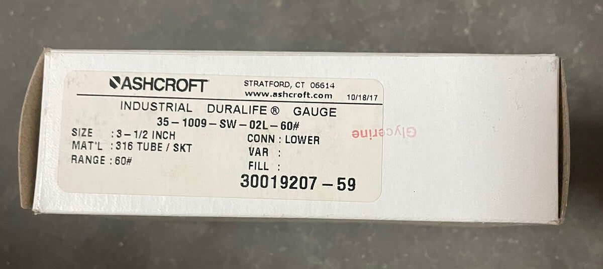 NEW ASHCROFT DURALIFE 35-1009-SWL-02L-60# 60 PSI GLYCERINE FILL 3  1/2" 316 TUBE