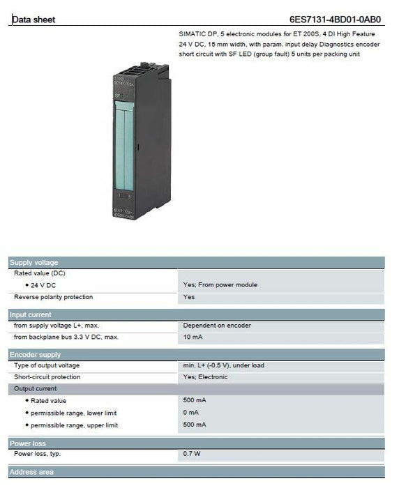 1 MODULE NEW 2015 6ES7 131-4BD01-0AB0 SIEMENS SIMATIC ET 200S DIGITAL INPUT